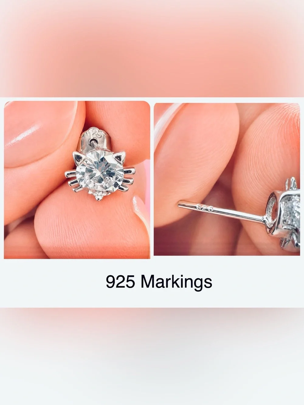 Sterling Silver Shiny 925 Kitty Cat Sparkling CZ Stud Earrings Brand New